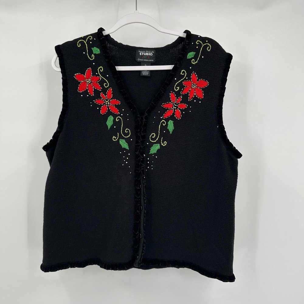 Designers Originals Studio Women Christmas Sweater Vest Sz XL Poinsettia Holiday